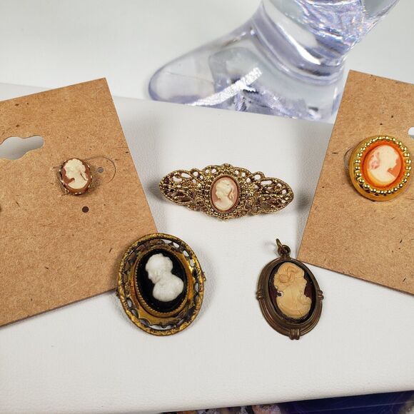 Vintage Victorian Lady Cameo Lot Bracelet Earrings Pendant Brooch Pin Gold Tone - Picture 7 of 15